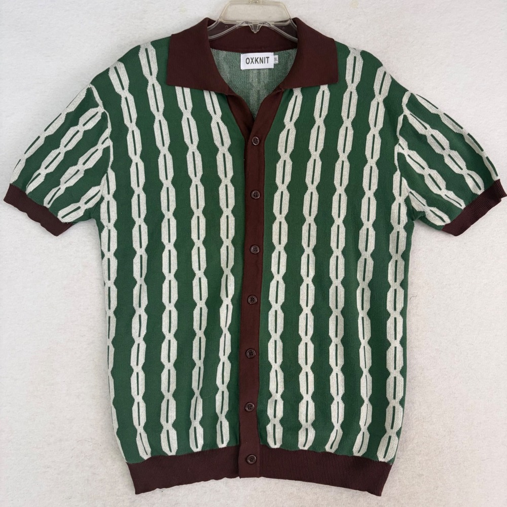 OXKNIT Cardigan Mens XL Green Brown Cotton Short Sleeve Knit Polo Sweater EX